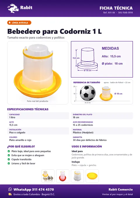 Ficha técnica de Bebedero 1 Litro