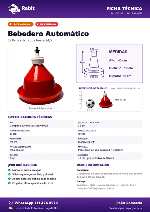 Ficha técnica de Bebedero Automático