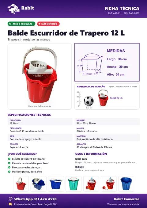 Ficha técnica de Balde Escurridor de Trapero 12 L