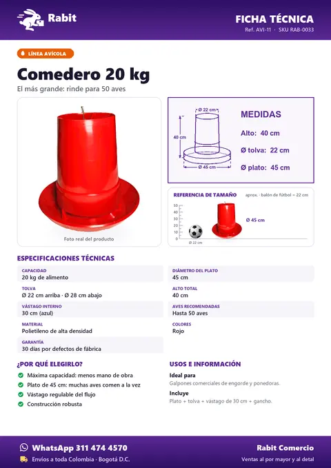 Ficha técnica de Comedero 20 kg