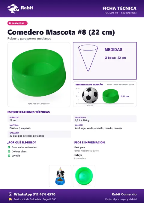 Ficha técnica de Comedero Mascota #8 (22 cm)