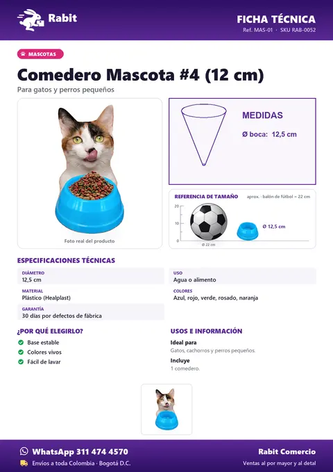 Ficha técnica de Comedero Mascota #4 (12 cm)