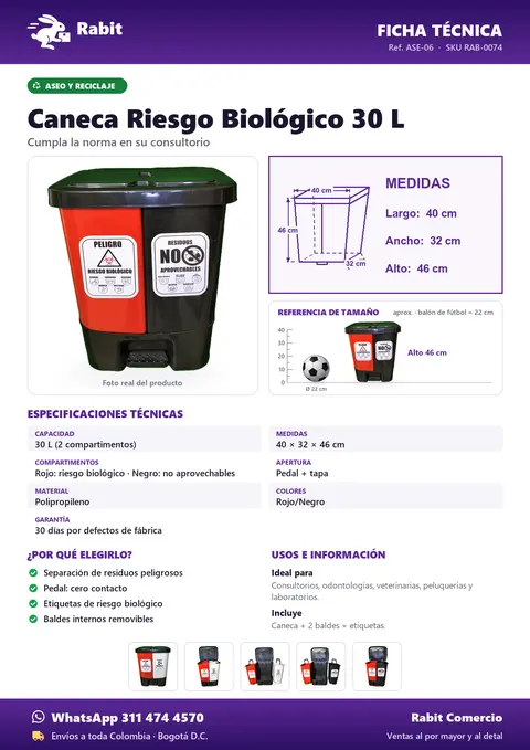 Ficha técnica de Caneca Riesgo Biológico 30 L