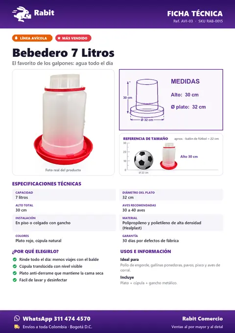 Ficha técnica de Bebedero 7 Litros