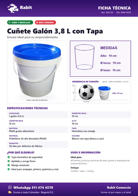 Ficha técnica de Cuñete Galón 3,8 L con Tapa