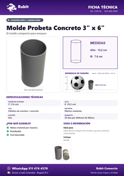 Ficha técnica de Molde Probeta Concreto 3" x 6"