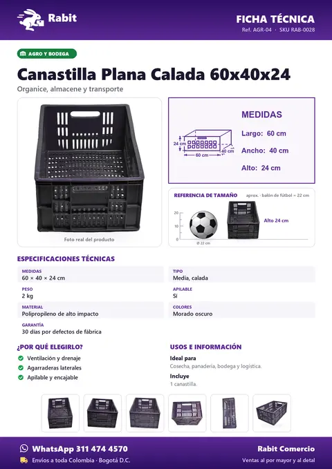 Ficha técnica de Canastilla Plana Calada 60x40x24