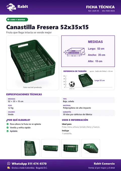 Ficha técnica de Canastilla Fresera 52x35x15