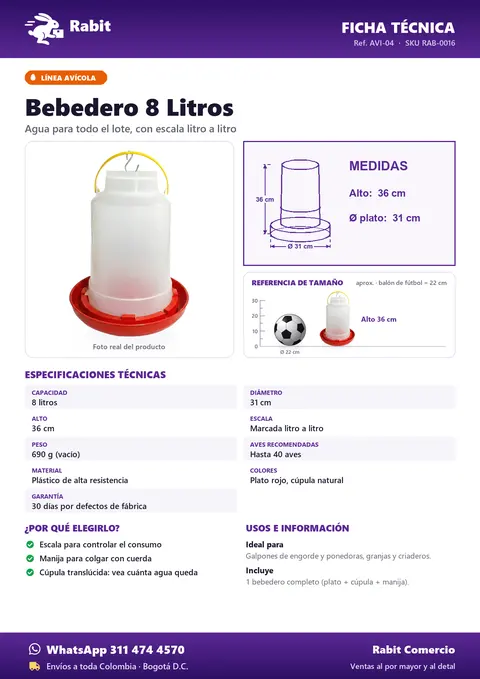 Ficha técnica de Bebedero 8 Litros