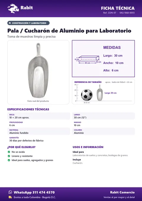 Ficha técnica de Pala / Cucharón de Aluminio para Laboratorio