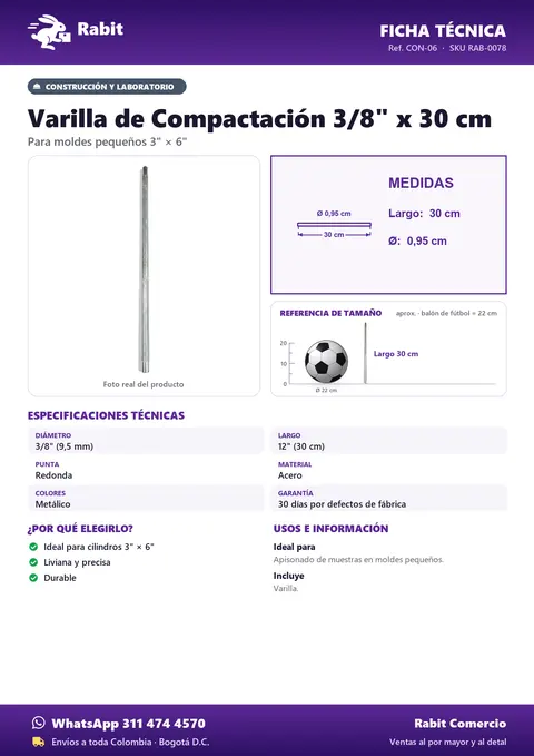 Ficha técnica de Varilla de Compactación 3/8" x 30 cm
