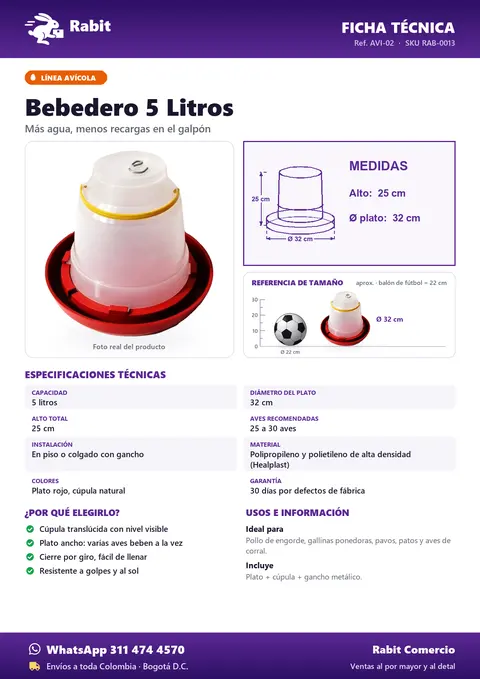 Ficha técnica de Bebedero 5 Litros