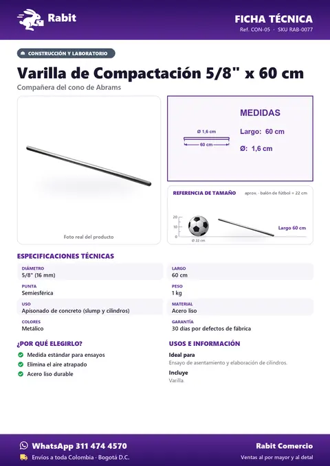Ficha técnica de Varilla de Compactación 5/8" x 60 cm
