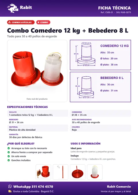 Ficha técnica de Combo Comedero 12 kg + Bebedero 8 L