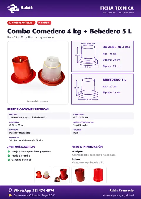 Ficha técnica de Combo Comedero 4 kg + Bebedero 5 L