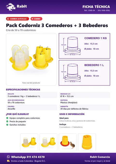 Ficha técnica de Pack Codorniz 3 Comederos + 3 Bebederos