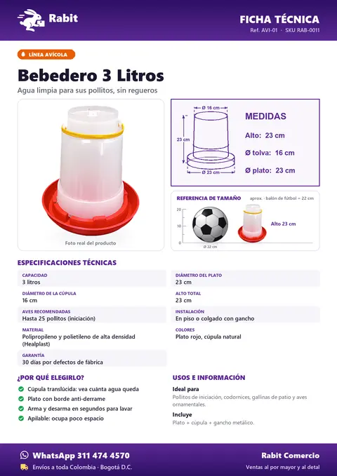 Ficha técnica de Bebedero 3 Litros