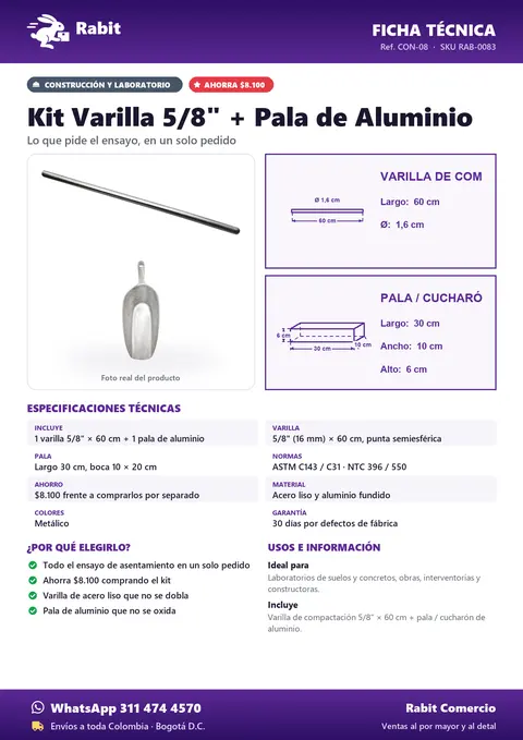 Ficha técnica de Kit Varilla 5/8" + Pala de Aluminio