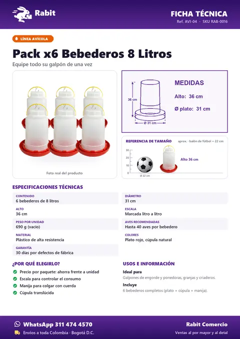 Ficha técnica de Pack x6 Bebederos 8 Litros