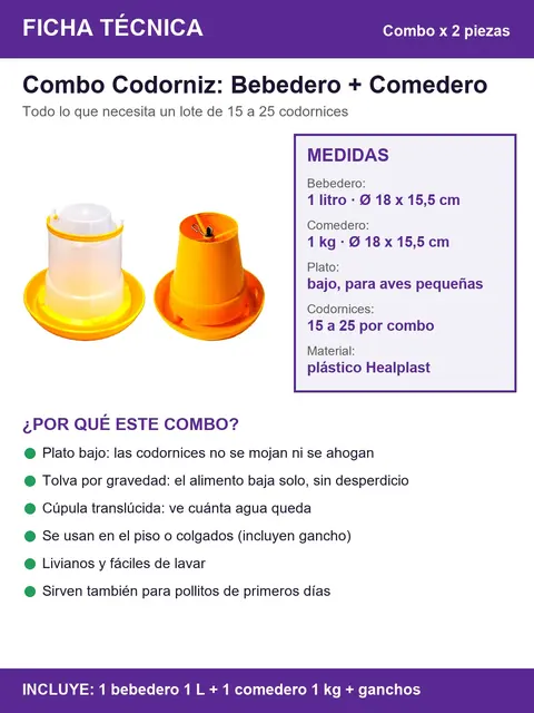 Ficha técnica de Combo Codorniz Bebedero 1 L + Comedero 1 kg